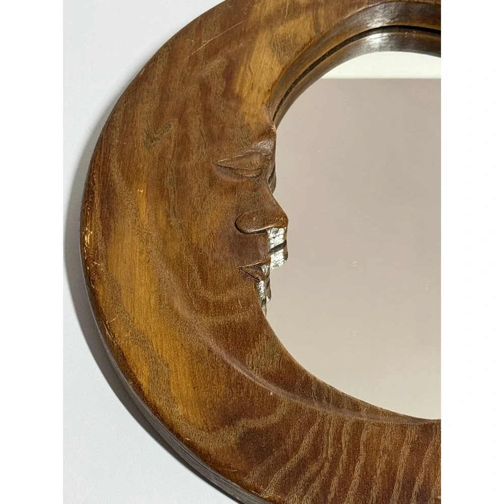 VTG Celestial Moon and Stars Round Wood Wall‎ Mirror Boho Whimsical 12